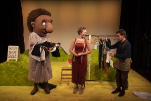 Duane Gooden, Lizzie Wort and Gilbert Taylor in The Smartest Giant in Town at Little Angel Theatre. Photo by Ellie Kurttz